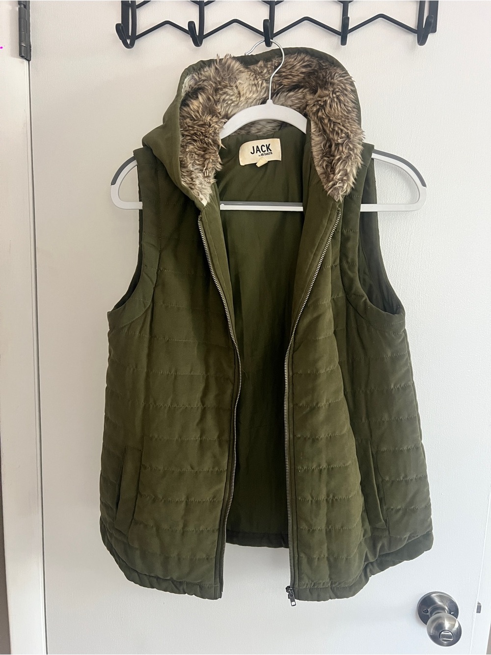 Jack by BB Dakota Olive Green Quilted Faux Fur Hooded Vest